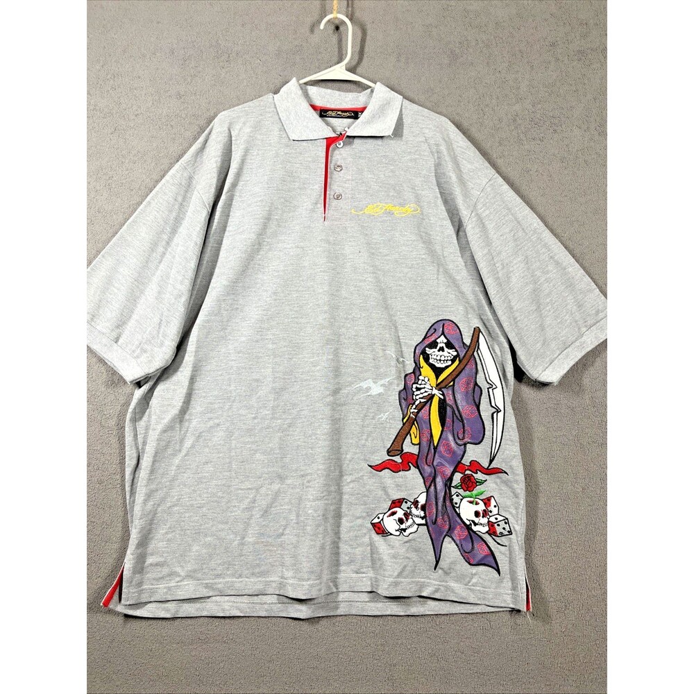 Y2K Ed Hardy by Christian Audigier Embroidered 3X Shirt Golf Grim Reaper Grey - Picture 2 of 12